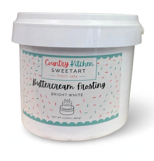 Bright white buttercream frosting in a 3.5 lb tub