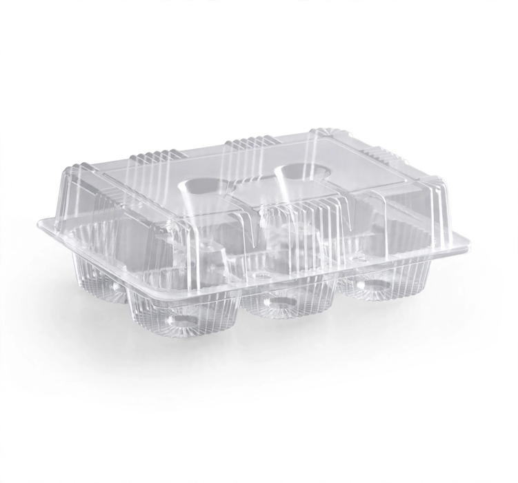 Clear hinged 6-count cupcake container with high dome lid